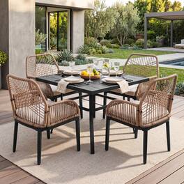 Nuu Garden - 5PCS Rattan Metal Patio Dining Set with Umbrella Hole, Zippered Cushions - Twisted Rattan