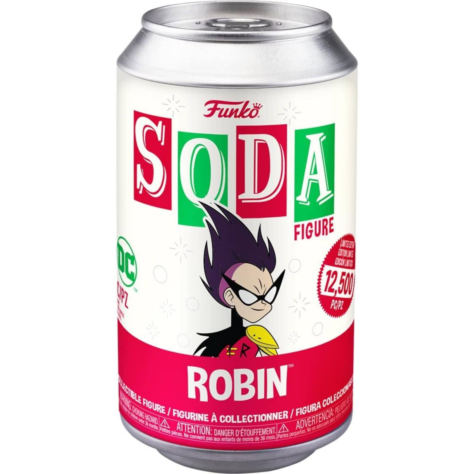 Funko Soda Figure  
Robin  
12,500 P/PL  
Collectible Figure / Figurine à Collectionner / Figura Coleccionable  
Attention: Danger de suffocation. Pequeñas partes no convienen para niños de menos de 36 meses.  
Advertencia: Peligro de asfixia. Piezas pequeñas. No es adecuado para niños menores de 36 meses.