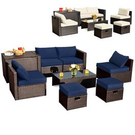 Costway - 8 PCS Outdoor Wicker Furniture Set with Storage Box Tempered Glass Table 2 Ottomans - Mix Brown,Off White,Navy