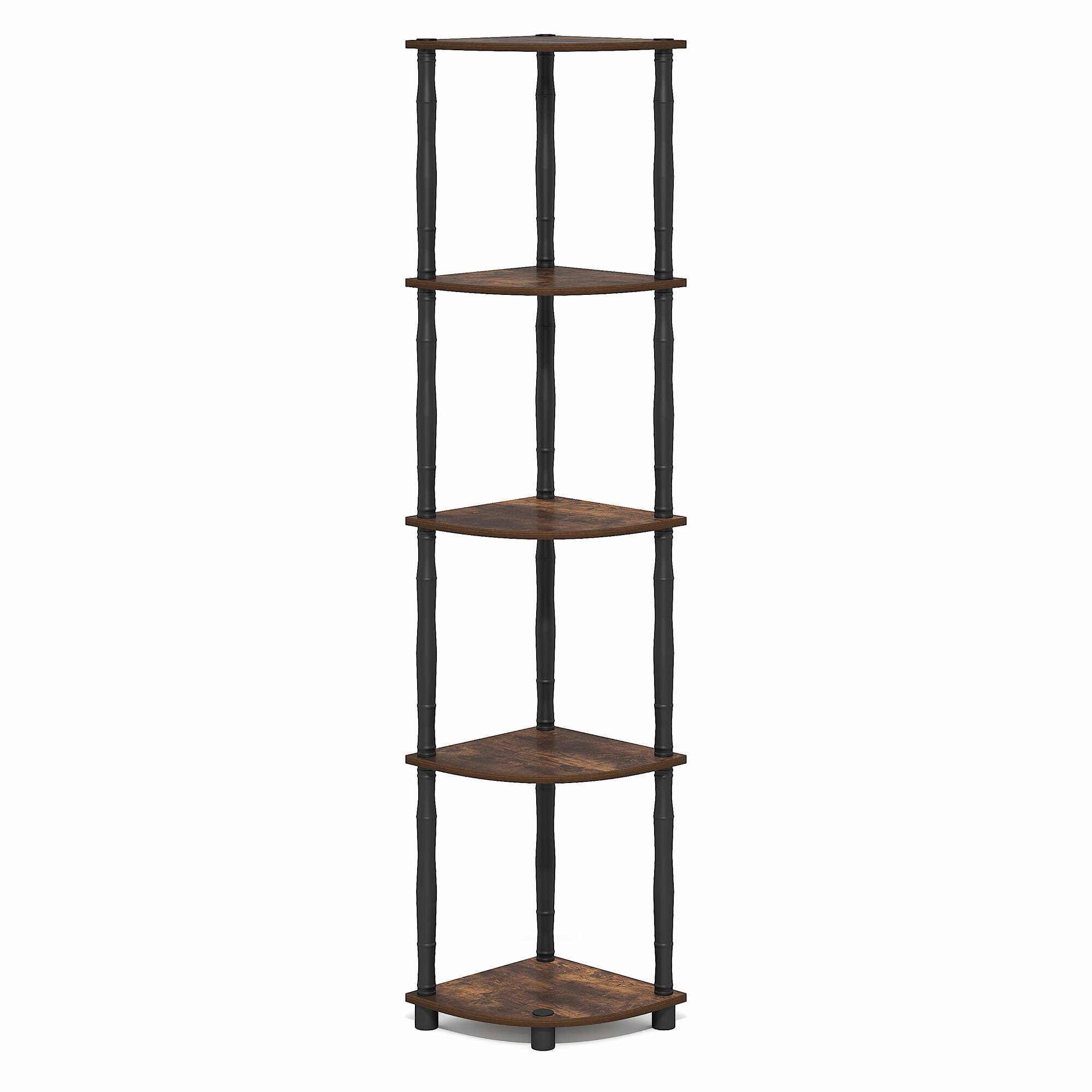Alt View 5. Furinno - TURN-N-TUBE Storage Shelves, 5-Tier Corner Book Shelf, Standing Corner Shelf, Toolless Open Shelves, Classic Tubes - Amber Pine/Black.