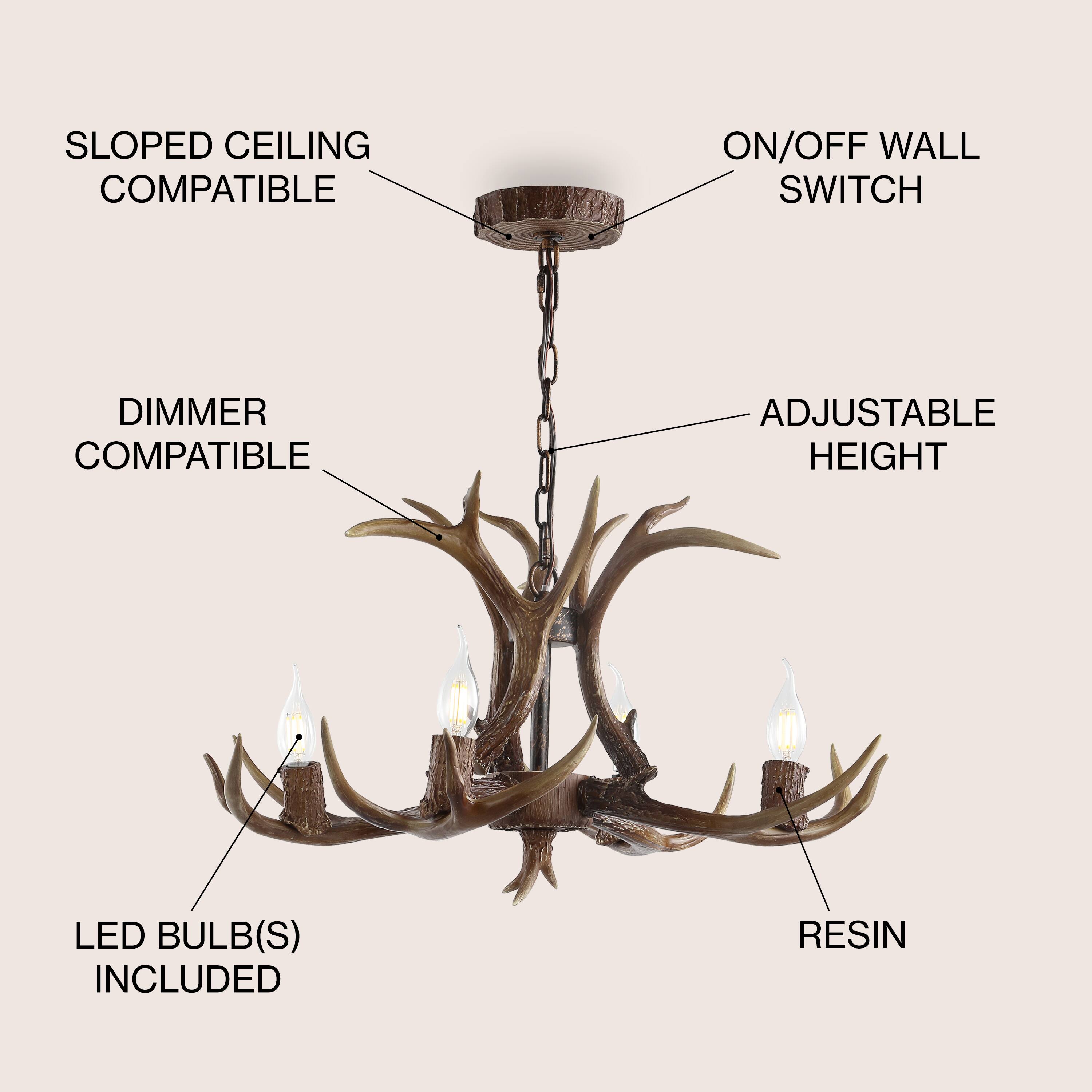 SLOPED CEILING COMPATIBLE  
ON/OFF WALL SWITCH  
DIMMER COMPATIBLE  
ADJUSTABLE HEIGHT  
LED BULB(S) INCLUDED  
RESIN