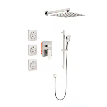 Front. JUJABU - Brushed Nickel Shower System with Shower Head, Slide Bar, Bodysprays, Shower Arm, Hose, Valve Trim, and Lever Handles - Brushed Nickel.