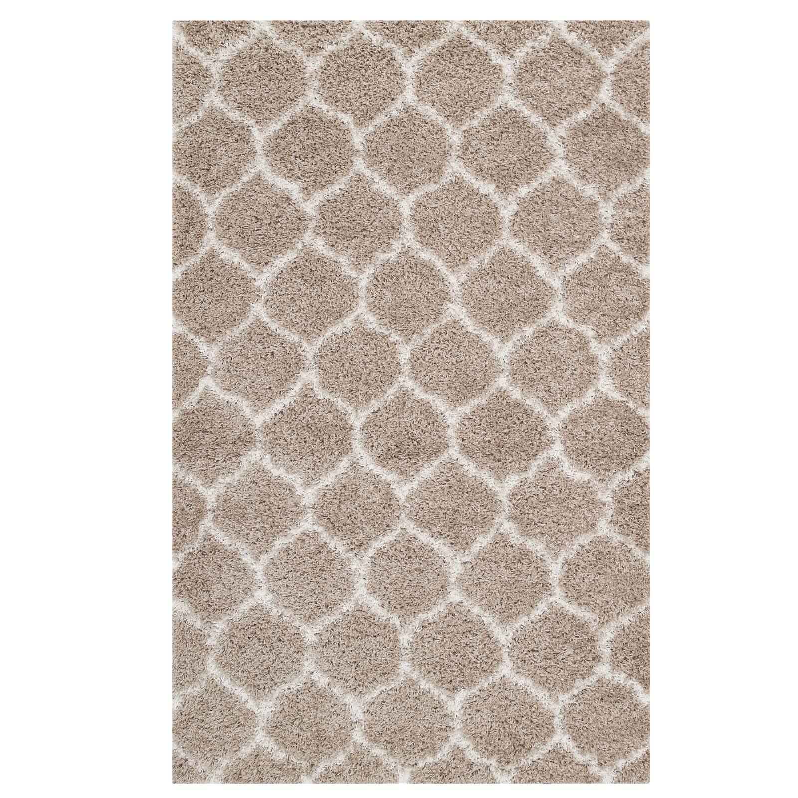 Angle. Modway - Solvea Moroccan Trellis Shag Area Rug - Beige and Ivory.