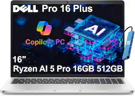 Dell - Pro 16 Plus 16" WUXGA Laptop - Copilot+PC - AMD Ryzen AI 5 PRO - 16GB RAM- 512GB SSD - Thunderbolt - Backlit - Win 11Pro - Silver