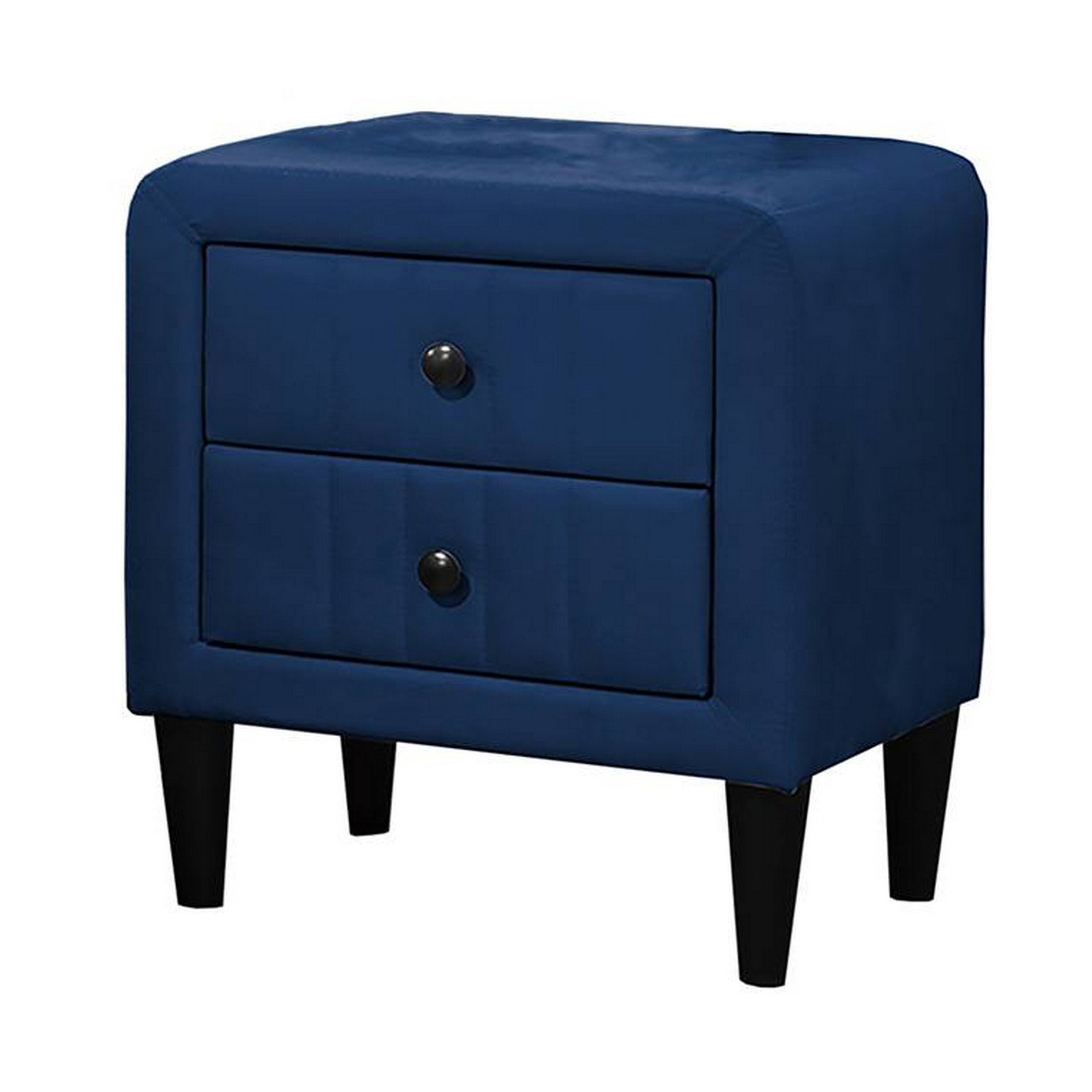 Angle. Manhattan Lane - Rheo Nightstand, 2 Drawers, 22 Inch Upholstered in Navy Blue Velvet - Navy Blue, Black.