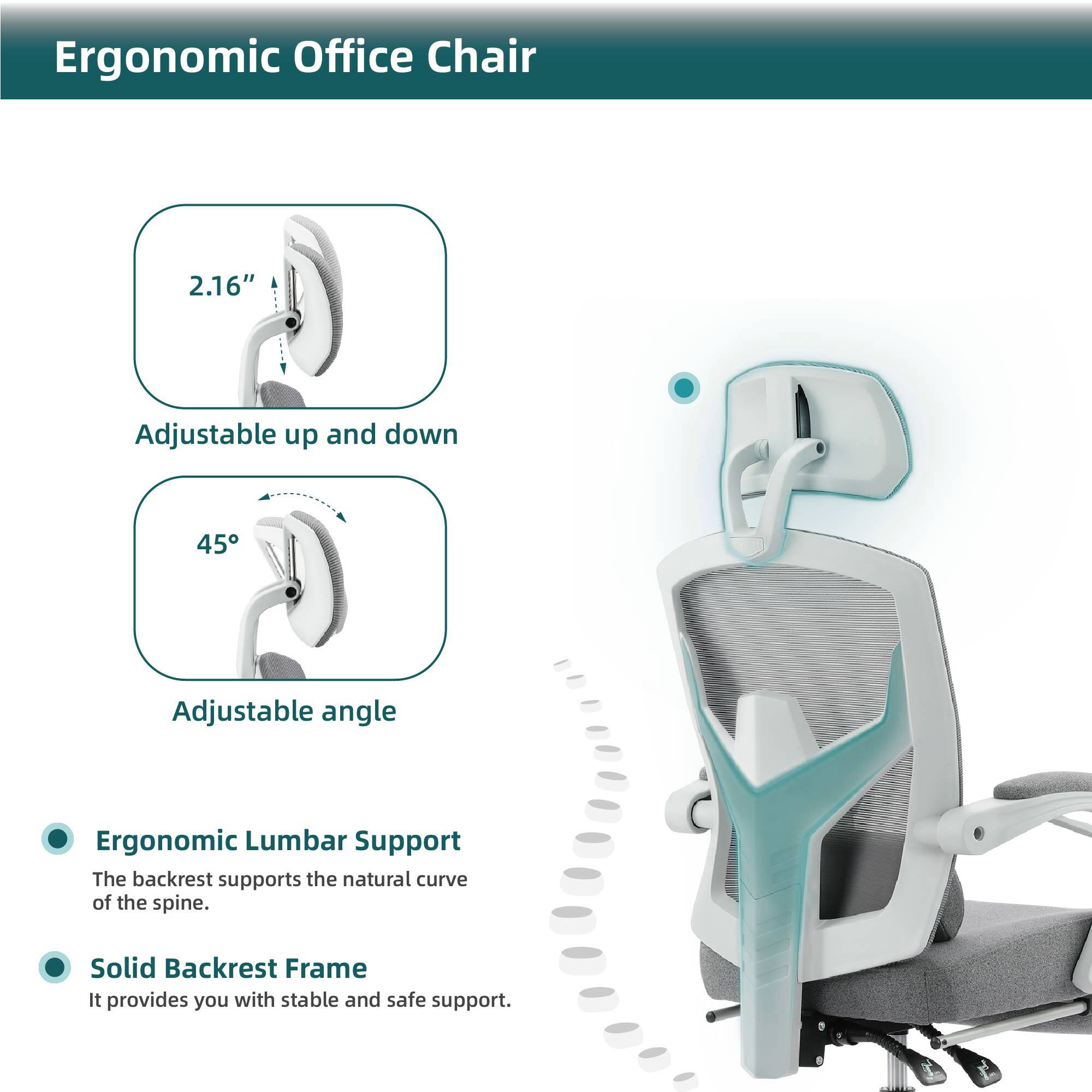 Ergonomic Office Chair

- Adjustable up and down
  - 2.16" height adjustment

- Adjustable angle
  - 45° tilt

- Ergonomic Lumbar Support
  - The backrest supports the natural curve of the spine.

- Solid Backrest Frame
  - It provides you with stable and safe support.