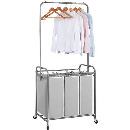 Front. DORLUKFU - 136L Laundry Sorter with Hanging Bar, Portable, Removable Laundry Hamper Cart with Heavy Duty Rolling Lockable Wheels - Grey.