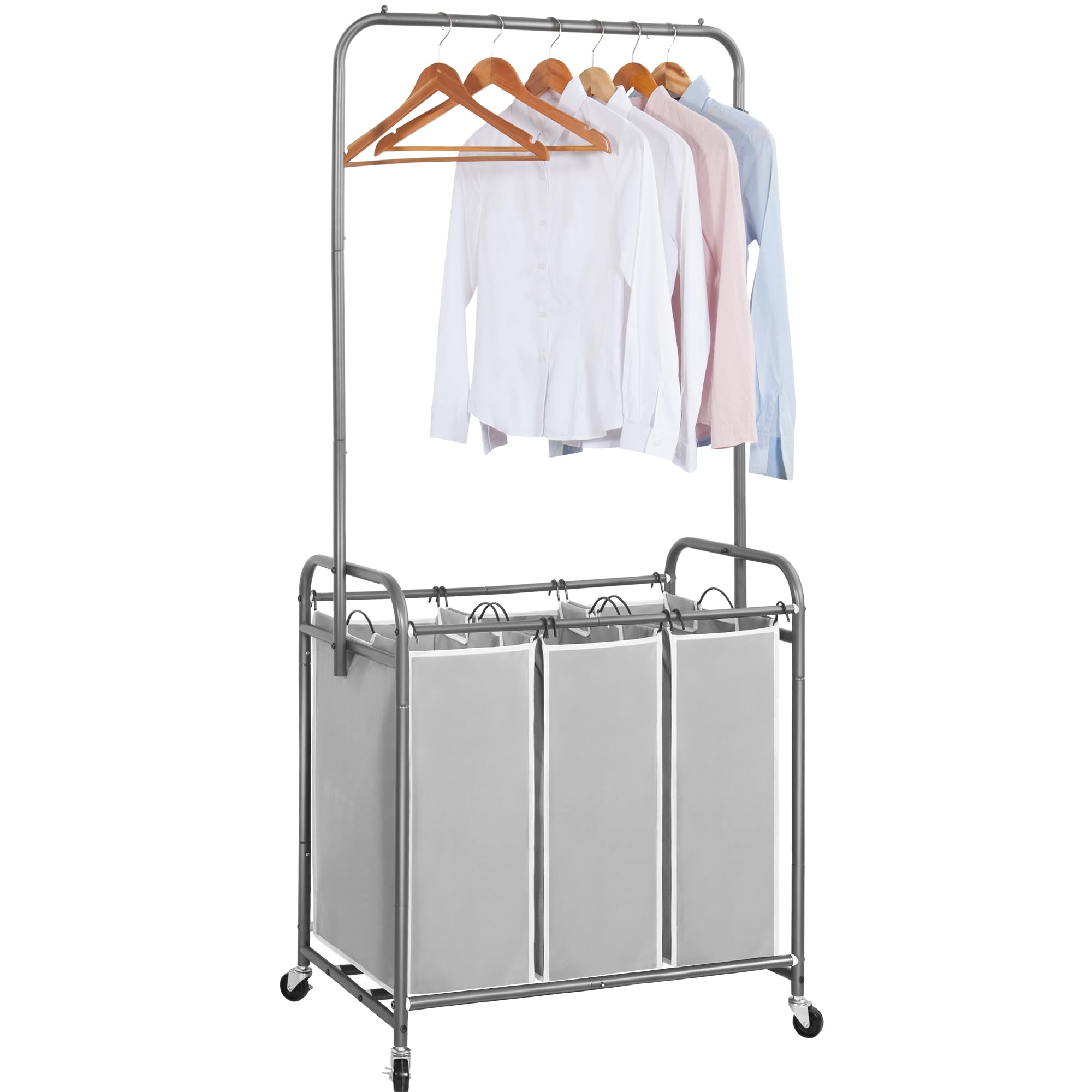 Front. DORLUKFU - 136L Laundry Sorter with Hanging Bar, Portable, Removable Laundry Hamper Cart with Heavy Duty Rolling Lockable Wheels - Grey.