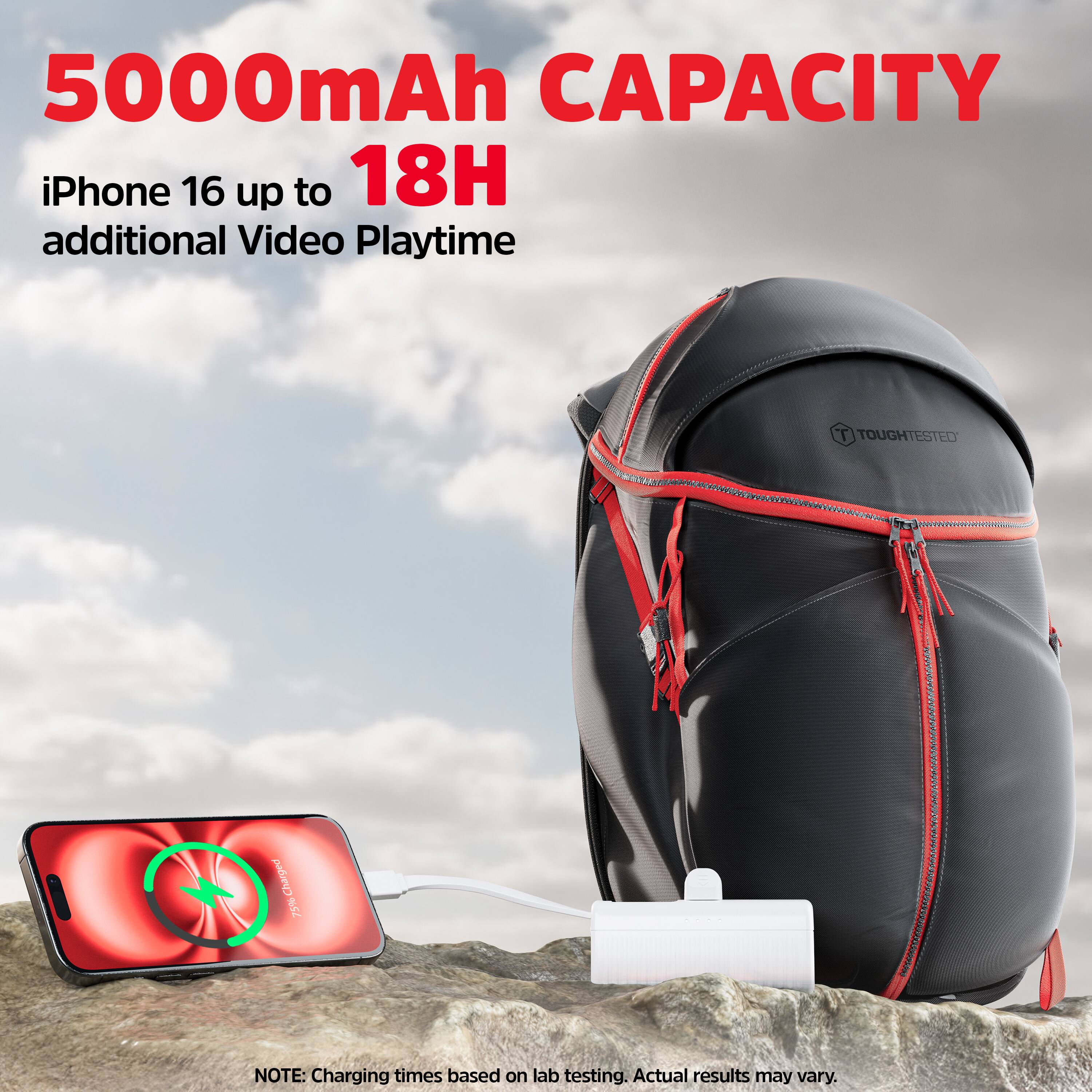 5000mAh CAPACITY  
iPhone 16 up to 18H additional Video Playtime  

TOUGHESTED  

NOTE: Charging times based on lab testing. Actual results may vary.