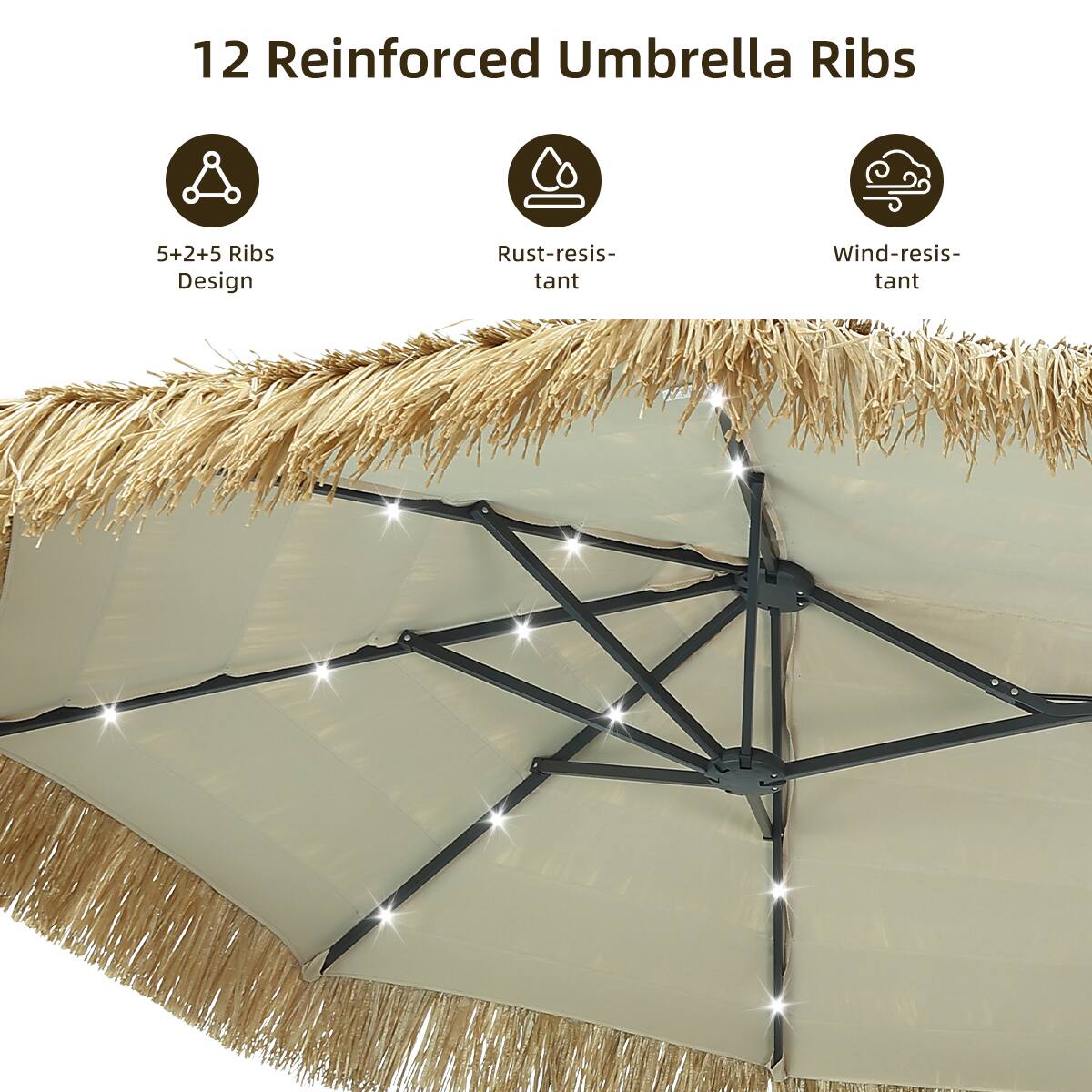 12 Reinforced Umbrella Ribs  
5+2+5 Ribs Design  
Rust-resistant  
Wind-resistant