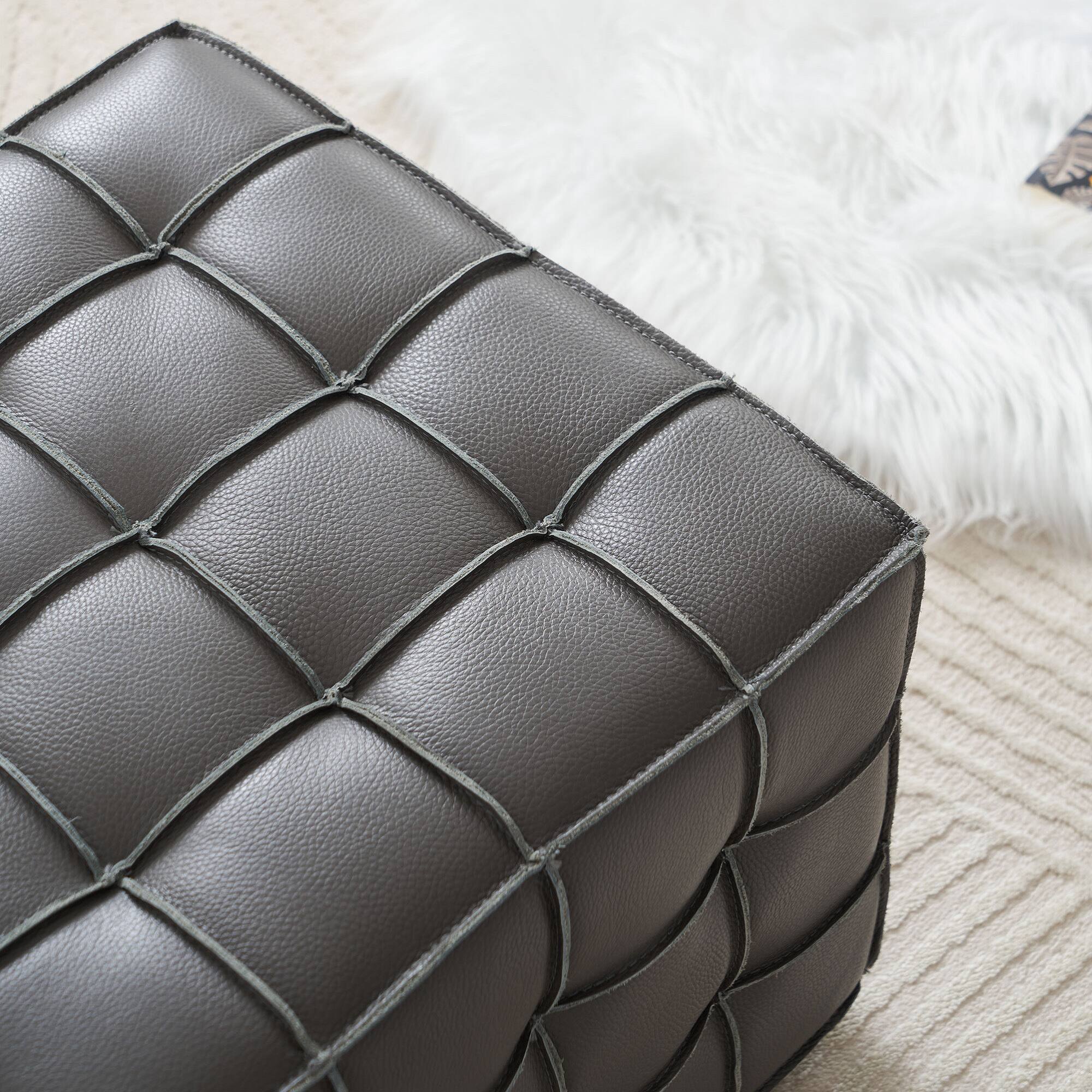 Alt View 1. GOODSILO - Genuine Leather Tufted Ottoman with Solid Wood Frame for Living Room and Bedroom Footrest and Seating - Grey.