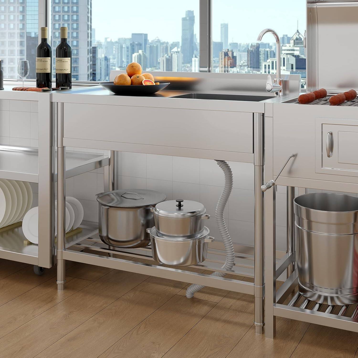 Left. GARVEE - Stainless Steel Kitchen Sink, Drop-in Utility Sink Free Standing Double Bowl with Cold and Hot Water Faucet - Silver.