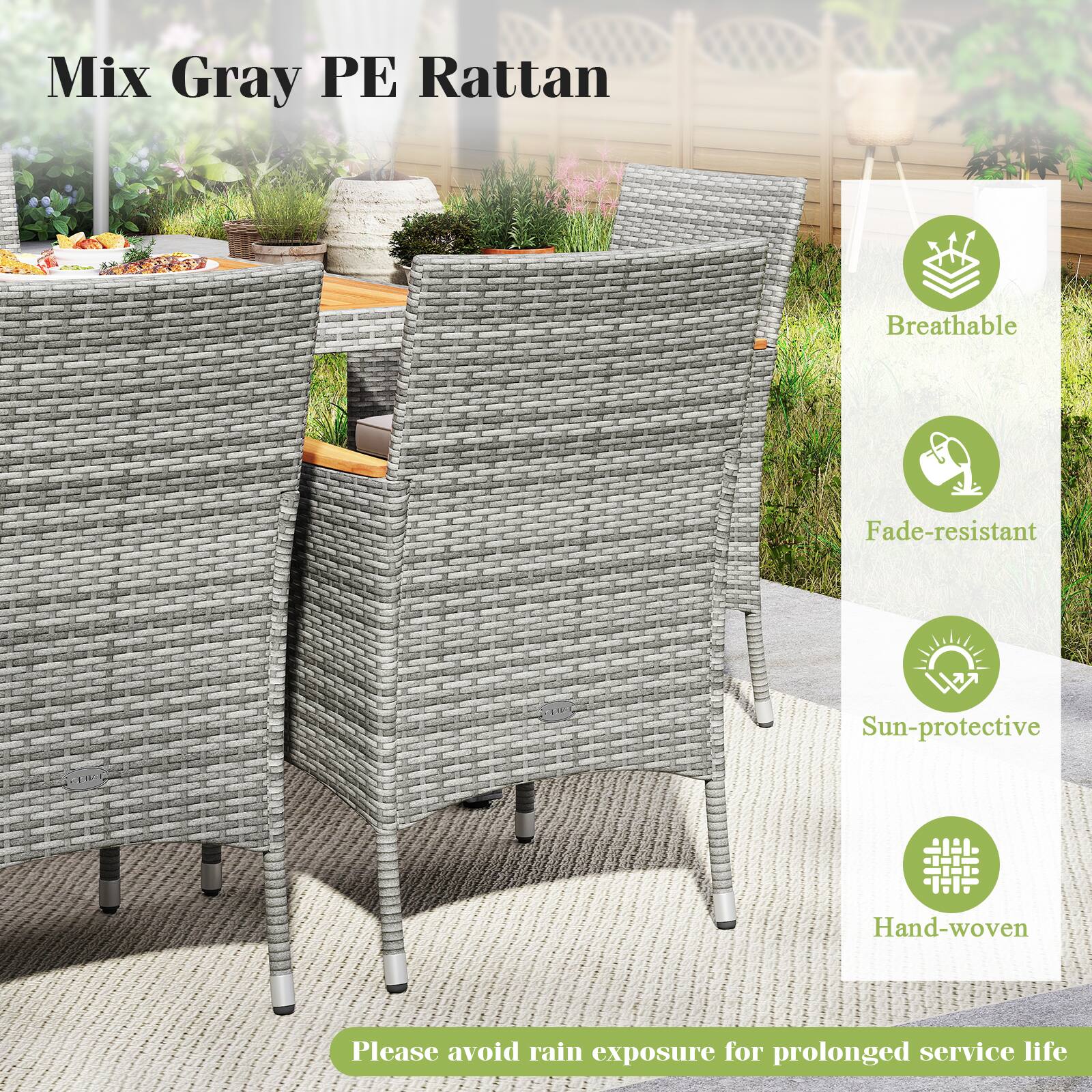 Mix Gray PE Rattan

- Breathable
- Fade-resistant
- Sun-protective
- Hand-woven

Please avoid rain exposure for prolonged service life