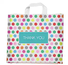 DORLUKFU - Printed Polka Dot Thank You Bag. 50 PACK 15"x12". Frosted Soft Loop Shopping Bag with Gusset for Merchandise, Boutiques - Assorted
