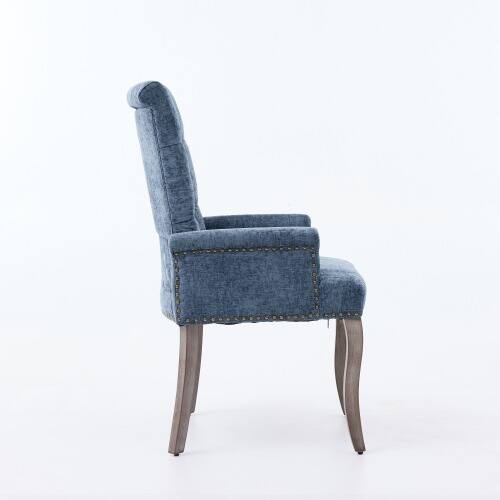 Back. LUCKY ONE - Assembled Tufted Chenille Arm Dining Chair with Curved Solid Wood Legs Club Style Single - Blue.