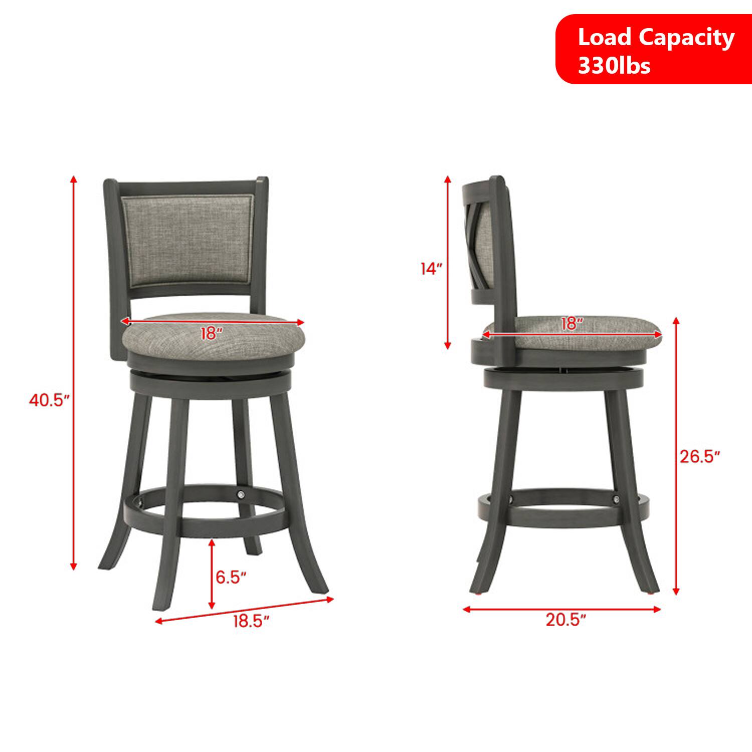 Load Capacity: 330lbs  
Dimensions:  
- Seat: 18"  
- Backrest: 14"  
- Height: 40.5"  
- Width: 20.5"  
- Depth: 18"  
- Seat Height: 26.5"  
- Base: 18.5"  
- Footrest: 6.5"