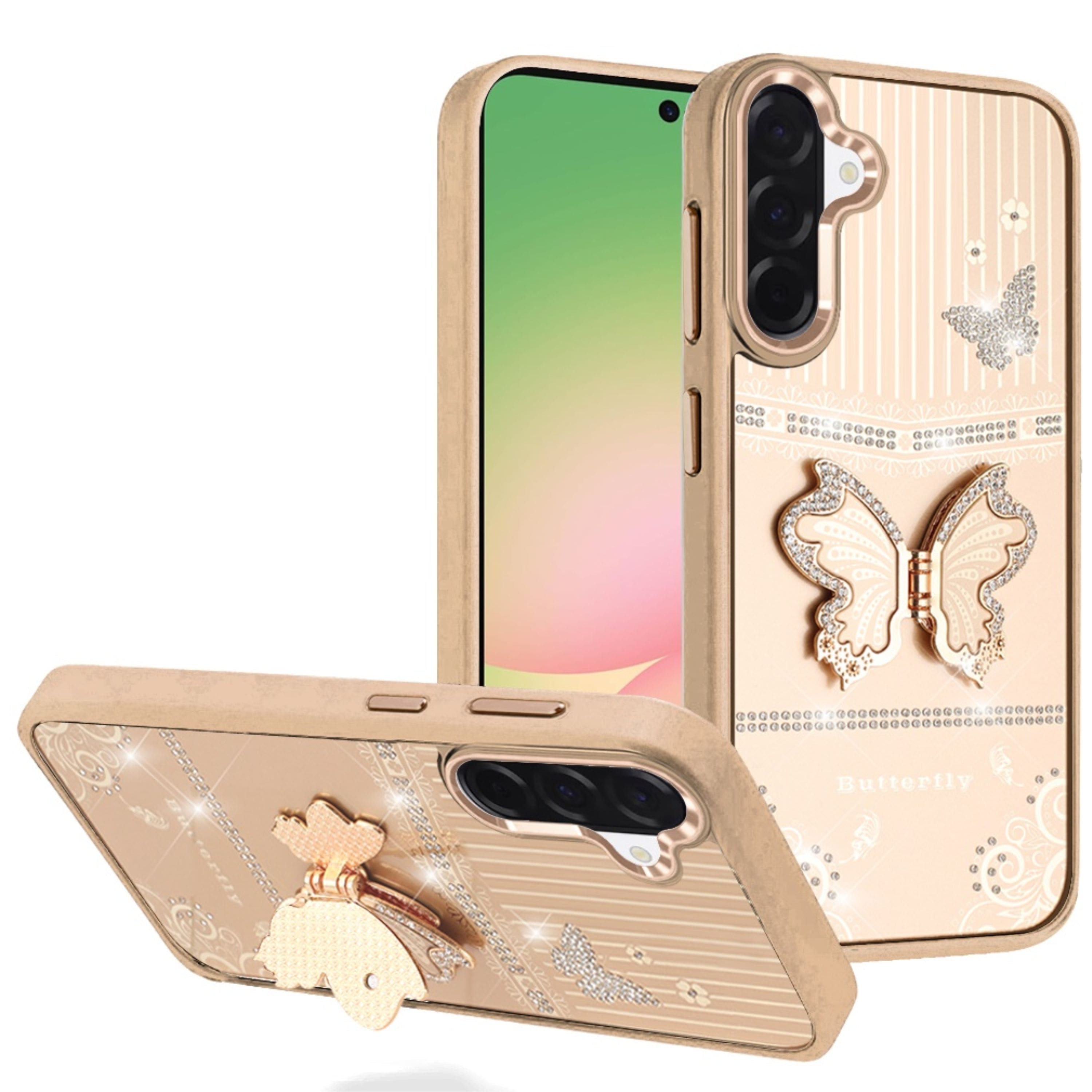 Kitcheniva - 3D Butterfly Bling Charm Stand Phone Case With Tempered Glass For Samsung Galaxy A57 5G - Gold price history on PriceWatchPro