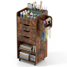 Costway - Paper Storage Cart, Rolling Gift Wrap Station with 3 Drawers & Adjustable Shelf - Rustic Brown