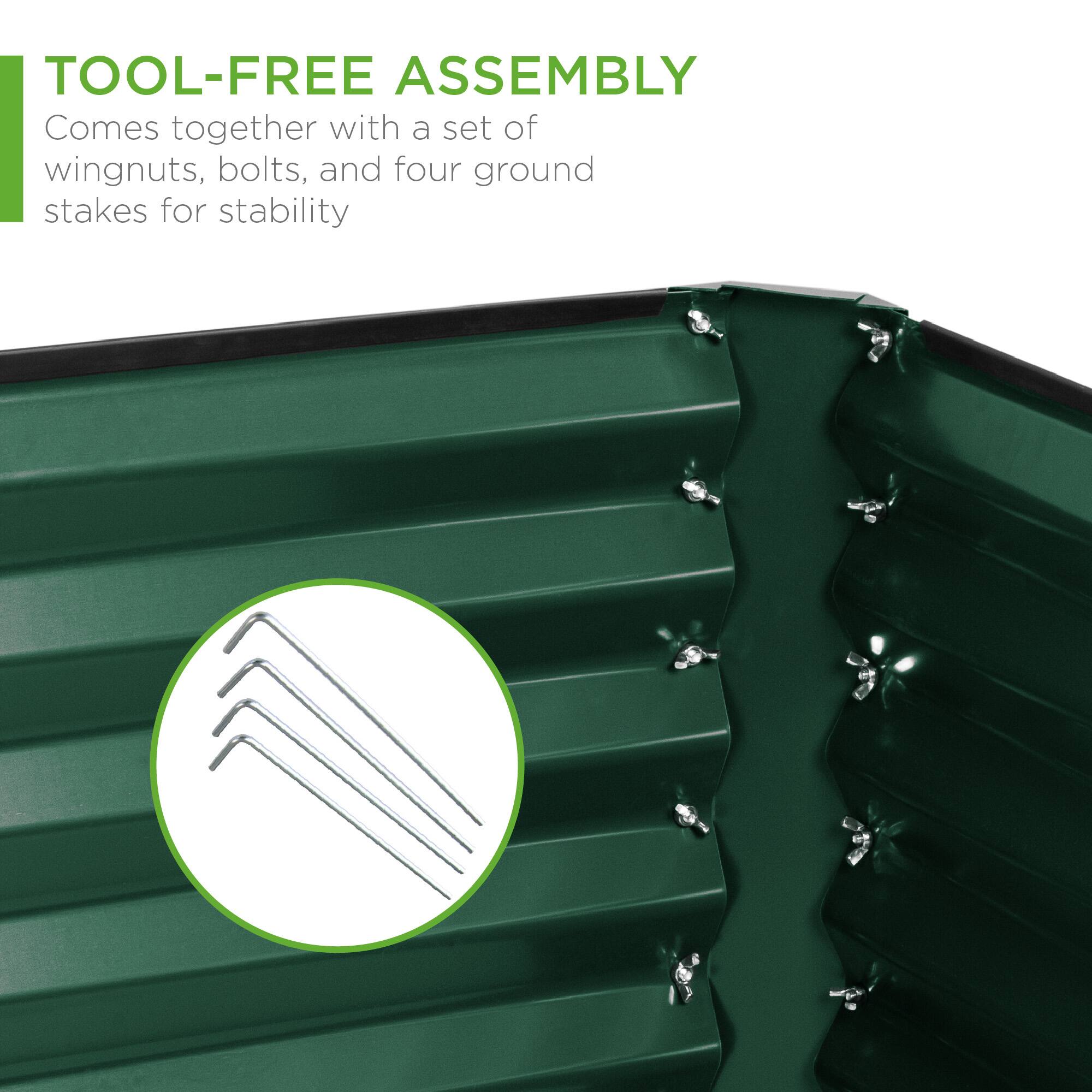 TOOL-FREE ASSEMBLY  
Comes together with a set of wingnuts, bolts, and four ground stakes for stability