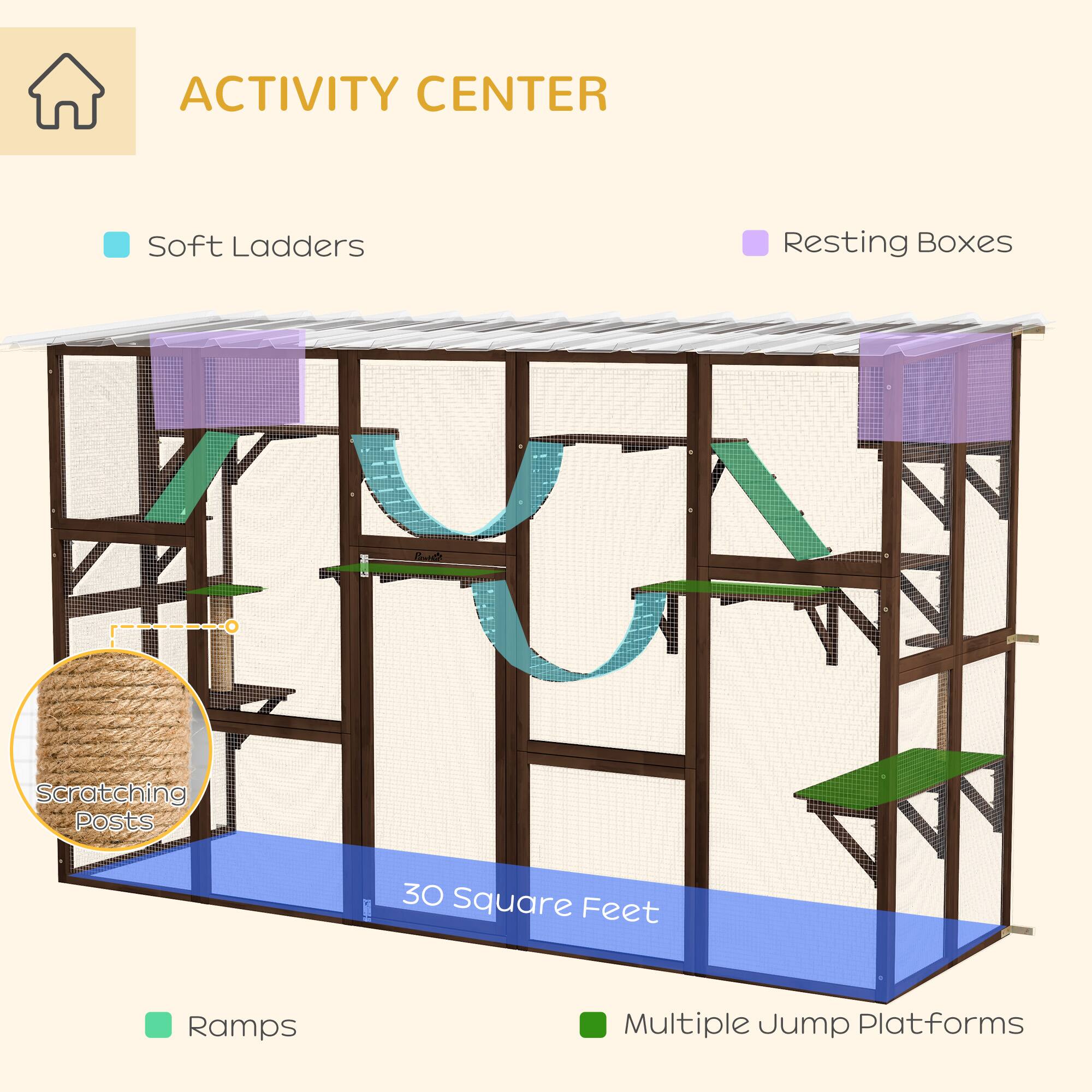 ACTIVITY CENTER

- Soft Ladders
- Resting Boxes
- Scratching Posts
- Ramps
- Multiple Jump Platforms

30 Square Feet