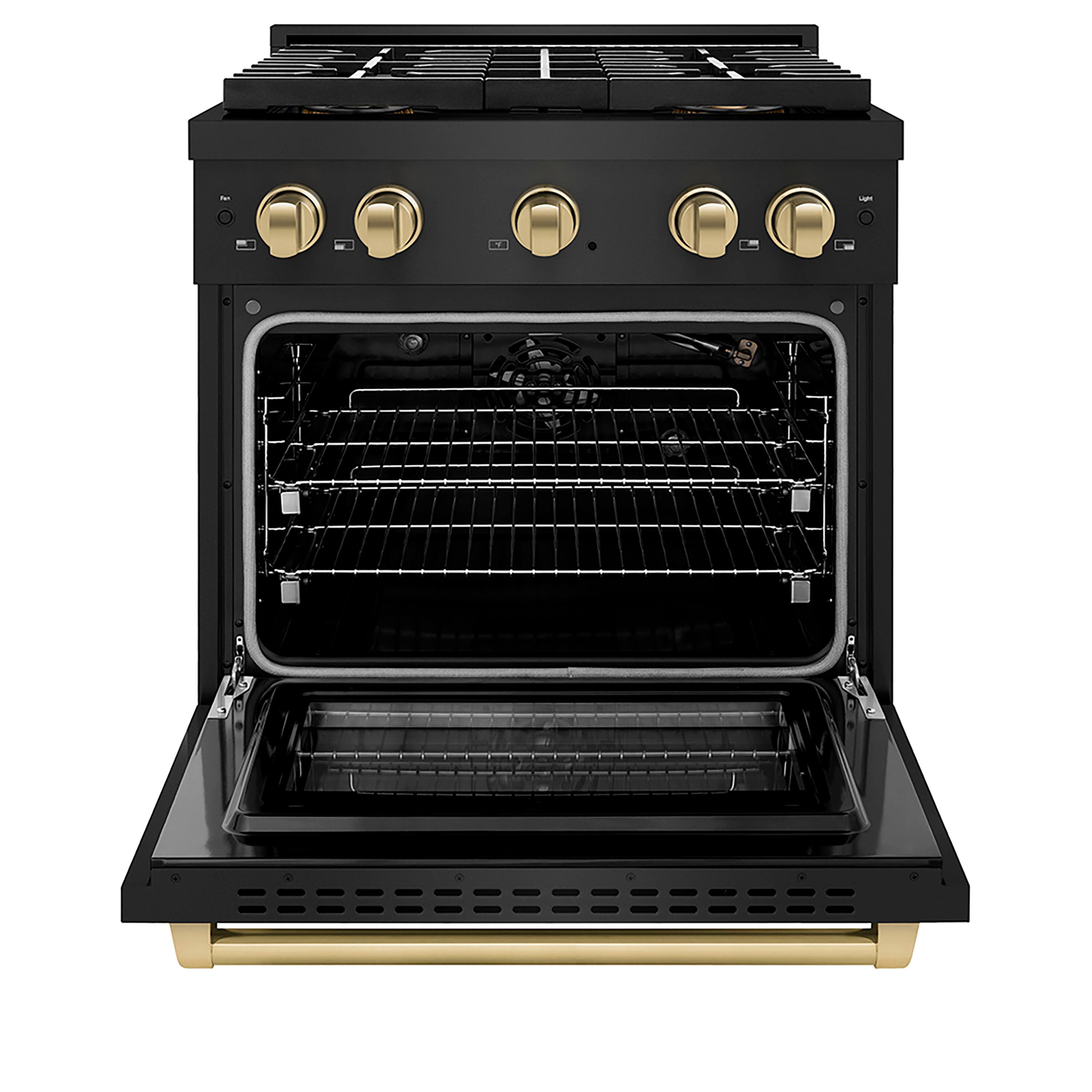 Angle. ZLINE - Autograph Edition 30 in. 4.2 cu. ft. Paramount Freestanding Gas DuoPro Range in Black Steel and Champagne Bronze Accents - Black Stainless Steel.