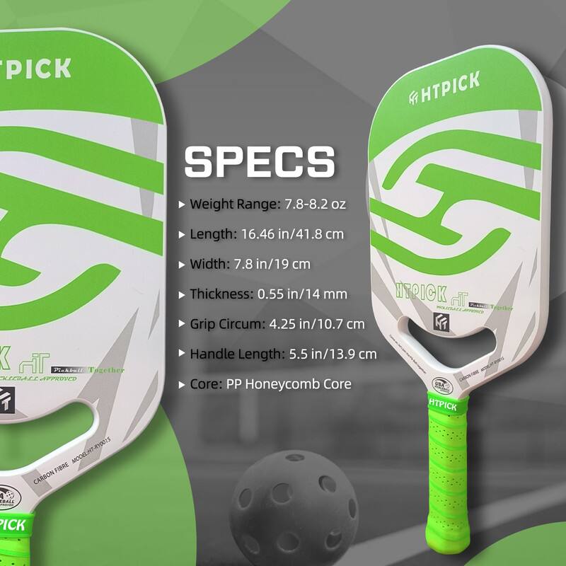 Sure, here is the corrected and grouped text:

---

**HTPICK**

**SPECS**

- Weight Range: 7.8-8.2 oz
- Length: 16.46 in / 41.8 cm
- Width: 7.8 in / 19 cm
- Thickness: 0.55 in / 14 mm
- Grip Circumference: 4.25 in / 10.7 cm
- Handle Length: 5.5 in / 13.9 cm
- Core: PP Honeycomb Core

**HTPICK MODEL-HT-RYDOTS**

**CARBON FIBER**

**FIERE CARBON PICK**

**PICKBALL APPROVED**

**PICKBALL Together**

**CARBON FIBER**

**HTPICK**

---