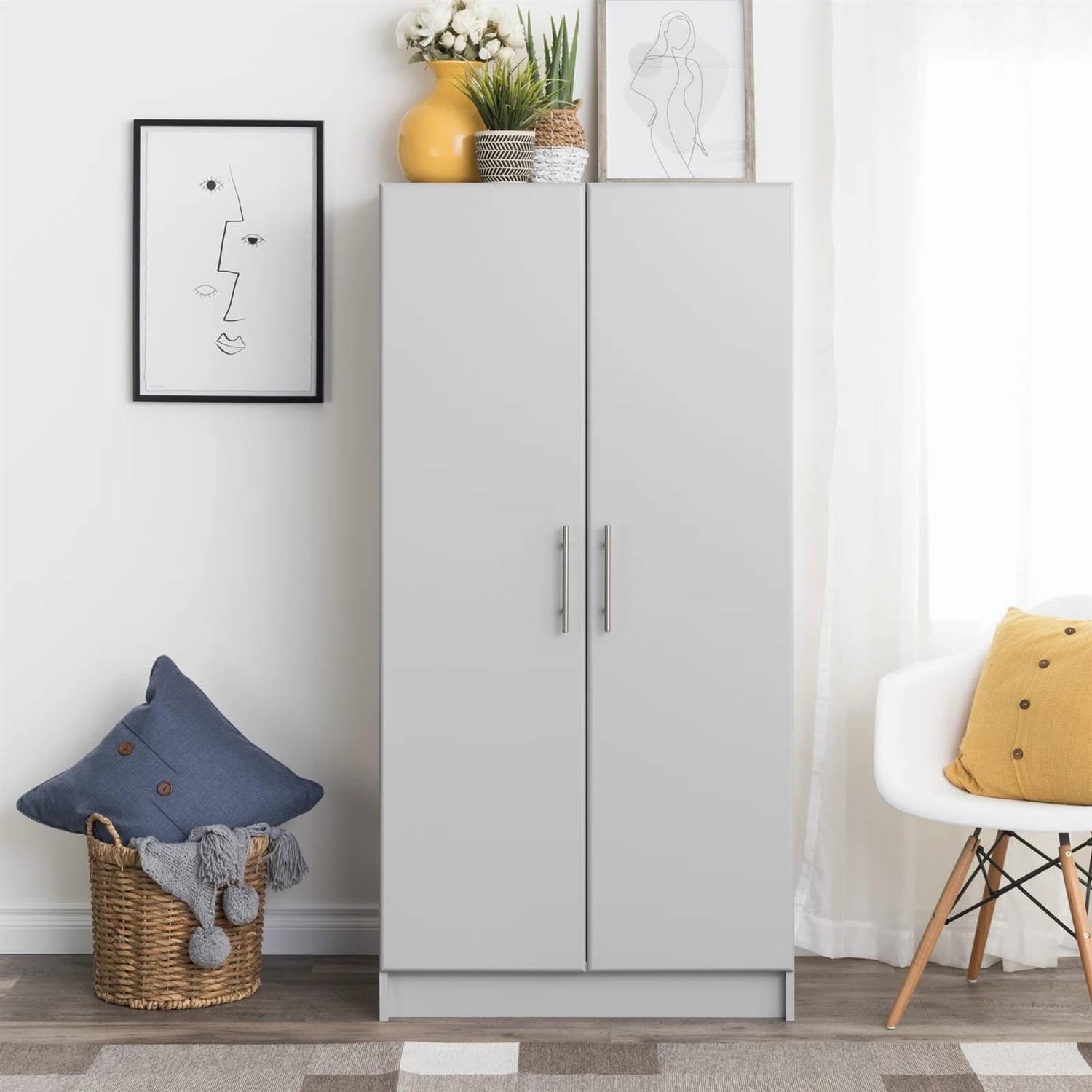 Hivvago - Bedroom Armoire Wardrobe Cabinet with Hanging Rail in Light Grey Wood Finish - Light Gray
