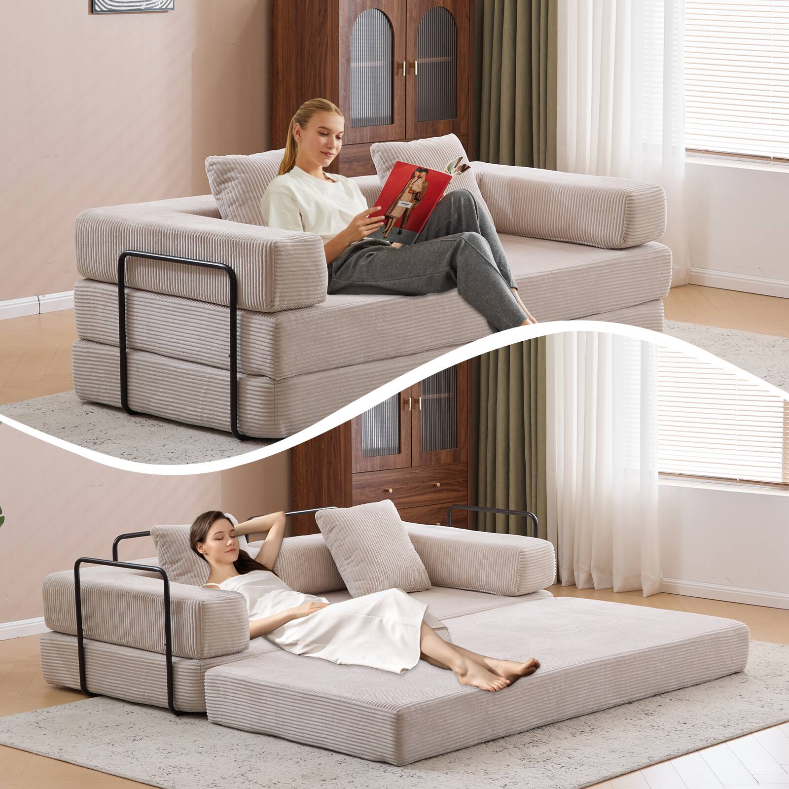 Alt View 2. Anysun - Corduroy Convertible Floor Sofa Bed with Pillow Support & Armrest - Compression Couch Sleeper for Living Room & Bedroom - Light Gray.