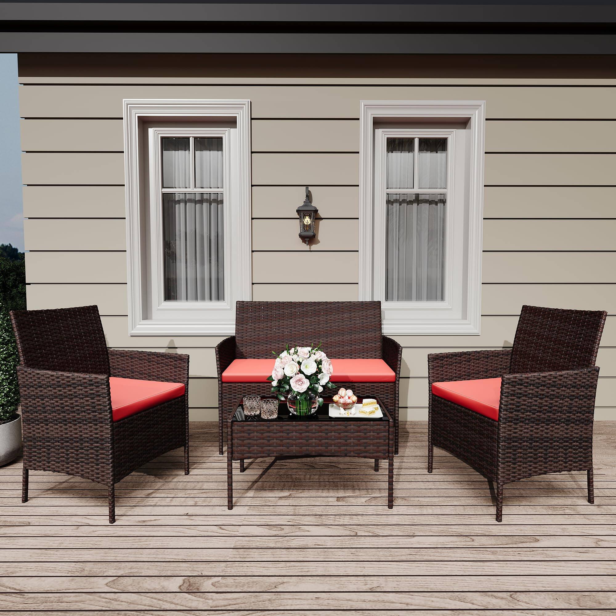 Front. Homhougo - 4 Pieces Outdoor Patio Furniture Sets, Rattan Patio Table and Chairs Set Brown and Red - Red.