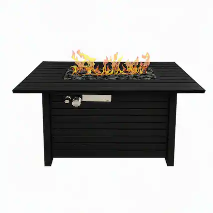 Front. RYHNUYNE - Outdoor Fire Pit Table, 42"W x 20" H Black Steel Rectangular Patio Fire Table with Lid for Backyard Garden - Black.