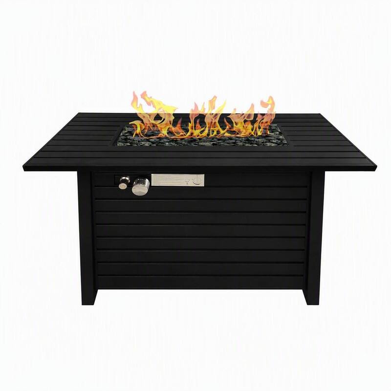 Front. RYHNUYNE - Outdoor Fire Pit Table, 42"W x 20" H Black Steel Rectangular Patio Fire Table with Lid for Backyard Garden - Black.