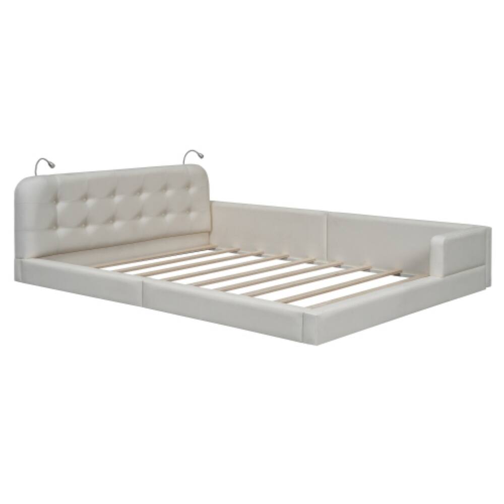 Alt View 2. LUCKY ONE - Queen Size Upholstered Platform Bed with 2 Reading Lights, PU Leather, Wood Slats, No Box Spring Needed - White.