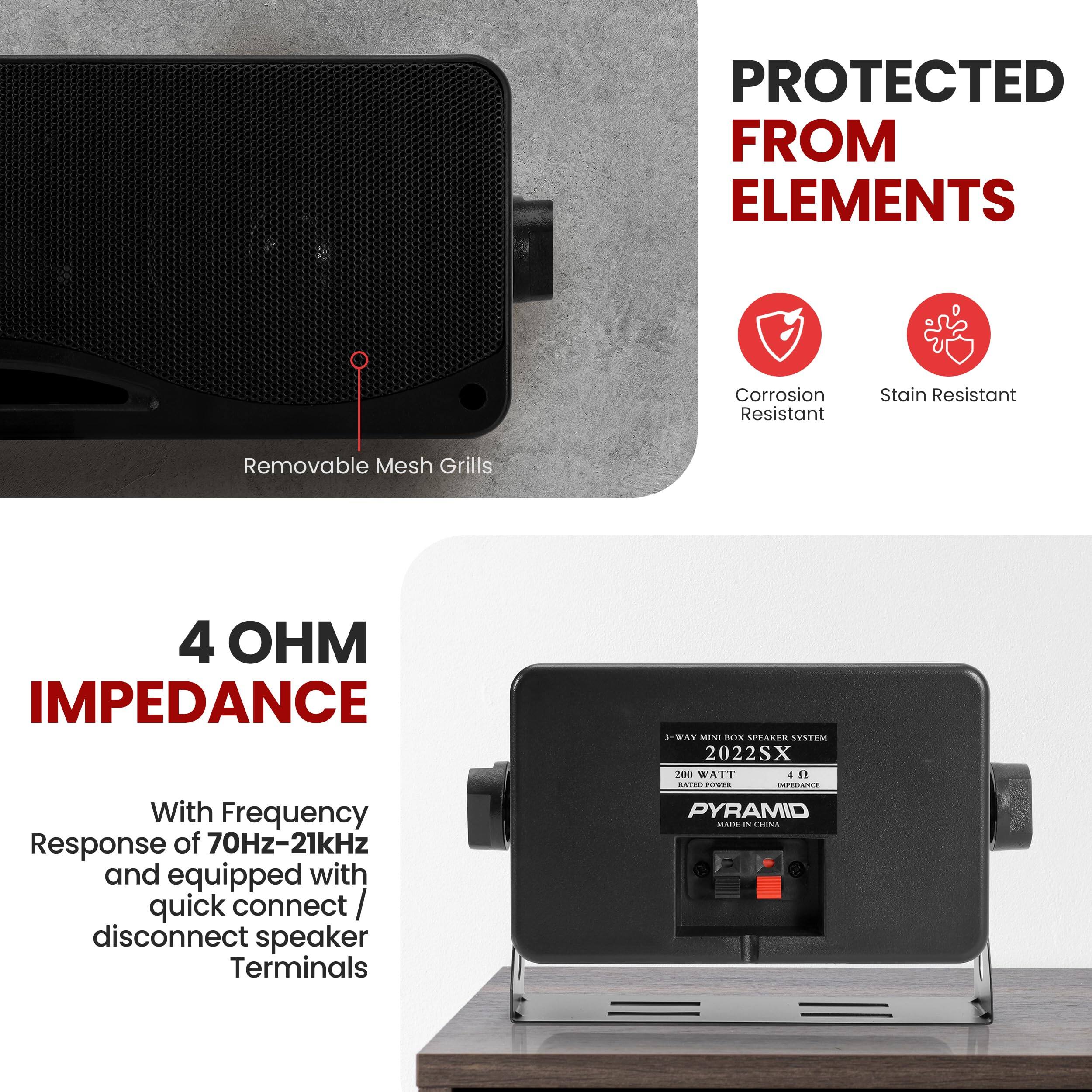 PROTECTED FROM ELEMENTS  
Corrosion Resistant  
Stain Resistant  
Removable Mesh Grills  

4 OHM IMPEDANCE  
With Frequency Response of 70Hz-21kHz and equipped with quick connect / disconnect speaker Terminals  

2022SX  
200 WATT  
4 Ω  

PYRAMID