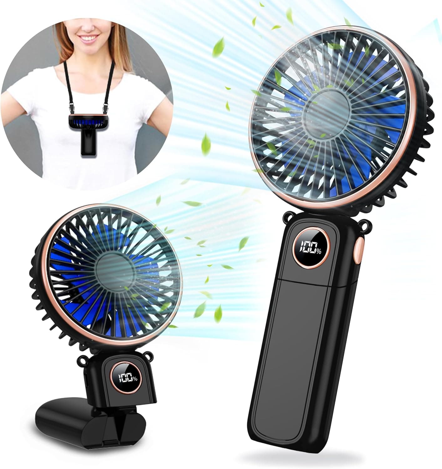 Front. FINEAK - 5200mAh Black Rechargeable Handheld Fan - 6 Speeds Gift for Men & Women.