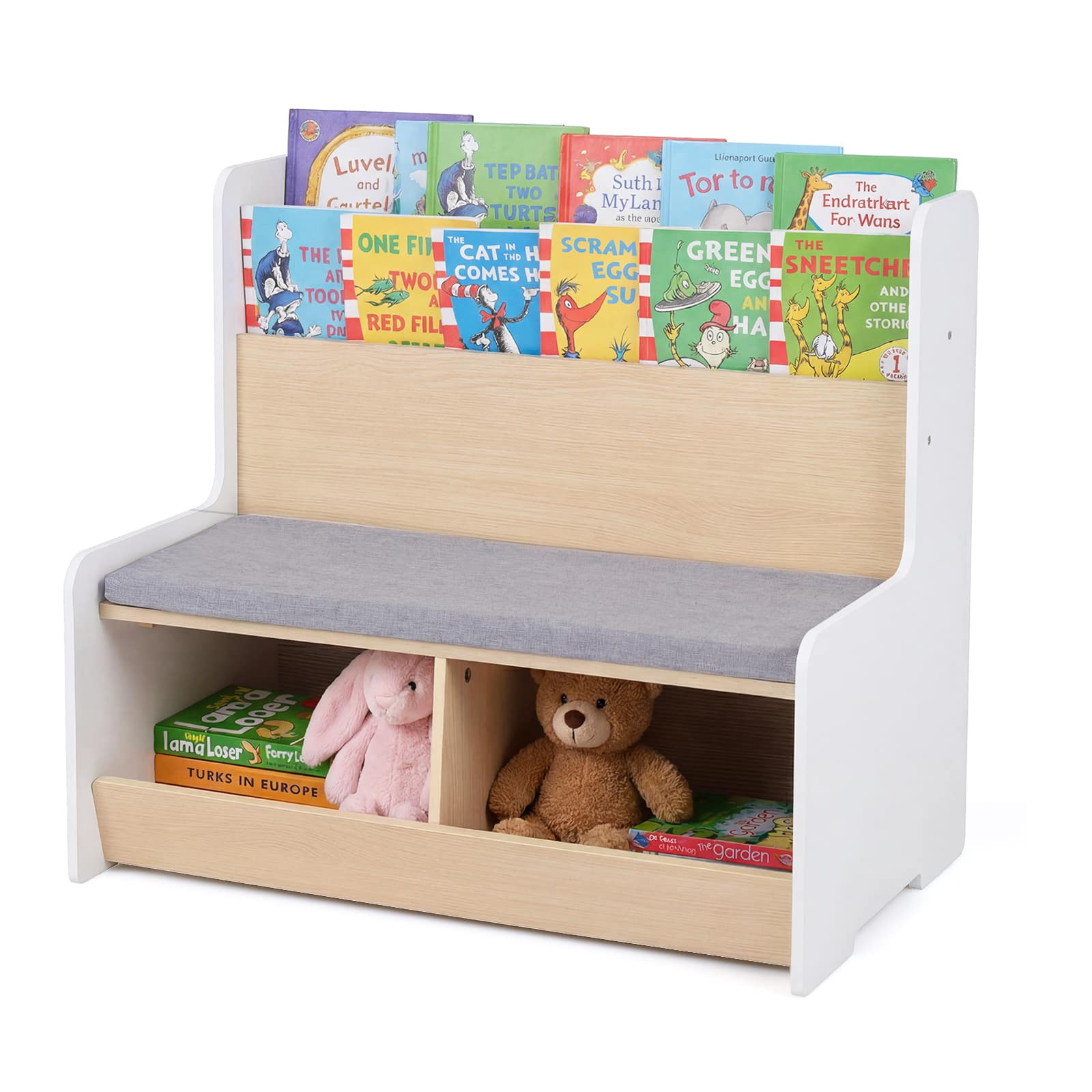 Gymax - Kids Reading Nook w/Bench Bookshelf & 2 Cubbies Removable Padded Seat Cushion - White
