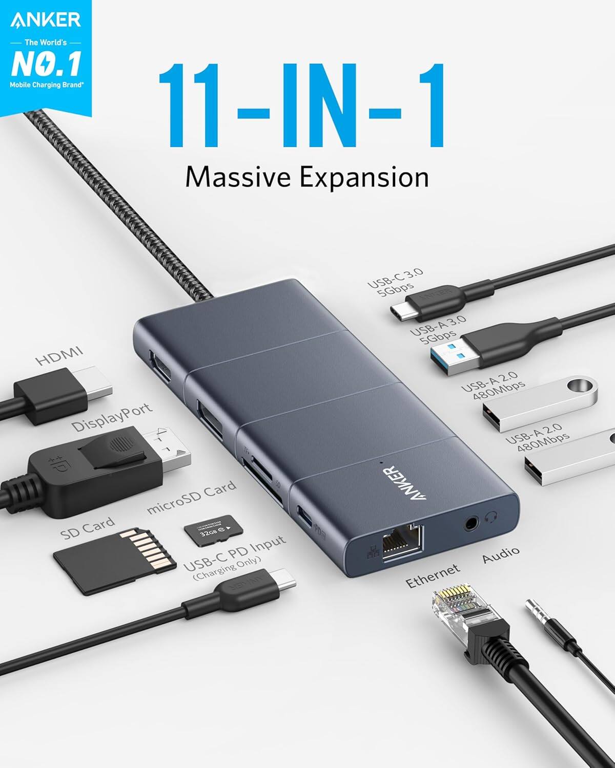 ANKER  
The World's NO.1 Mobile Charging Brand

11-IN-1 Massive Expansion

- HDMI
- DisplayPort
- microSD Card
- SD Card
- USB-C PD Input (Charging USB-C Only)
- USB-C 3.0 5Gbps
- USB-A 3.0 5Gbps
- USB-A 2.0 480Mbps
- USB-A 2.0 480Mbps
- Ethernet
- Audio