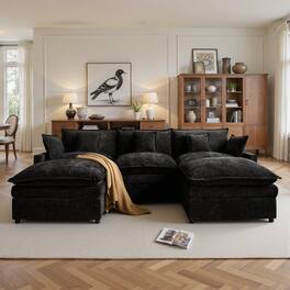 Ovios - 3 Seat Sofa Couch L Shaped Chenille Cloud Couch Oversized Modern Sofa with Ottoman for Living Room - Black