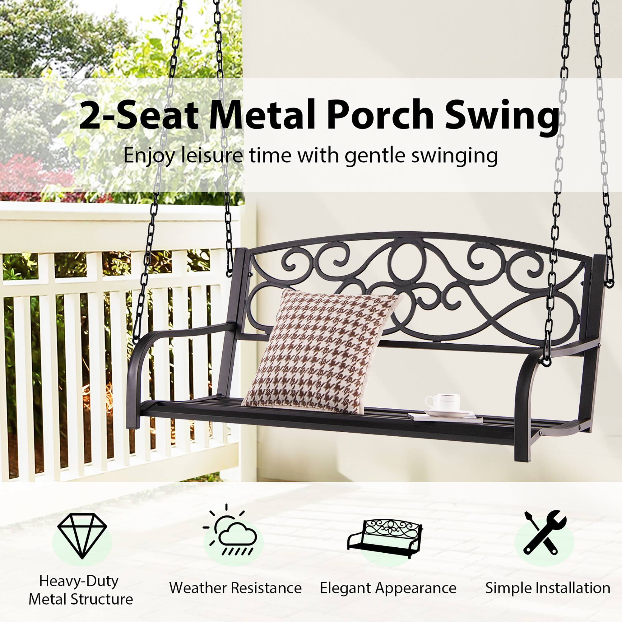 2-Seat Metal Porch Swing  
Enjoy leisure time with gentle swinging  

Heavy-Duty Metal Structure  
Weather Resistance  
Elegant Appearance  
Simple Installation