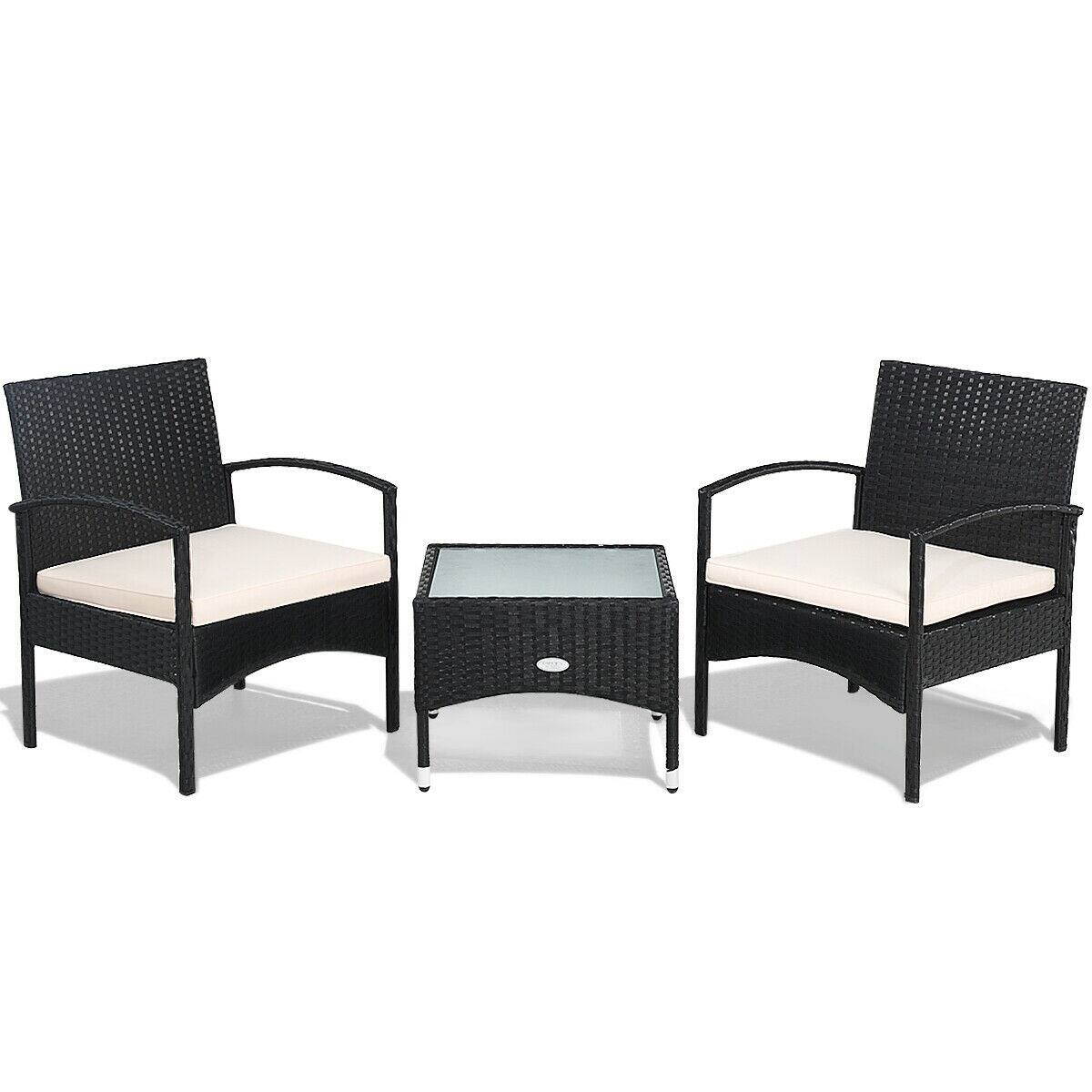 Alt View 8. Gymax - Gymax 3 PCS Patio Wicker Rattan Furniture Set Coffee Table & 2 Rattan Chair W/Cushion - Black.