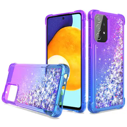 Front. Reiko - Shiny Flowing Glitter Liquid Bumper Case For Galaxy A52 5G In Purple - Purple.