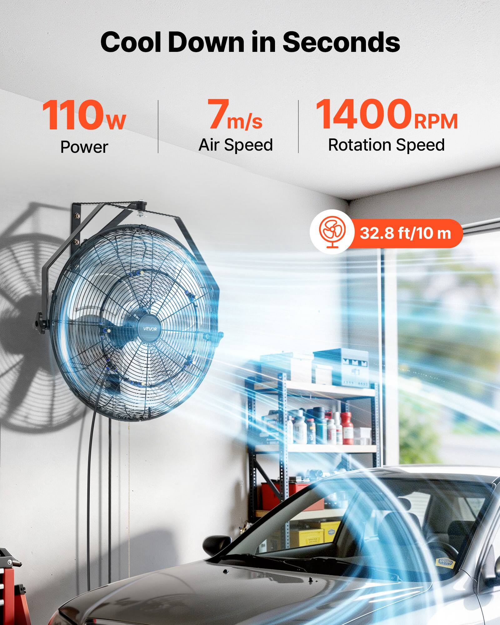 Cool Down in Seconds

110w Power  
7 m/s Air Speed  
1400 RPM Rotation Speed  
32.8 ft/10 m  

VEVOR