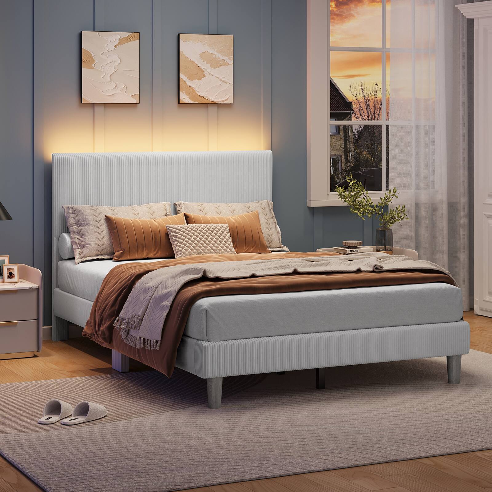 Back. Bestier - Full Size Corduroy Upholstered Bed Frame Adjustable Headboard, Warm LED Light & No Box Spring Needed - Light Grey.