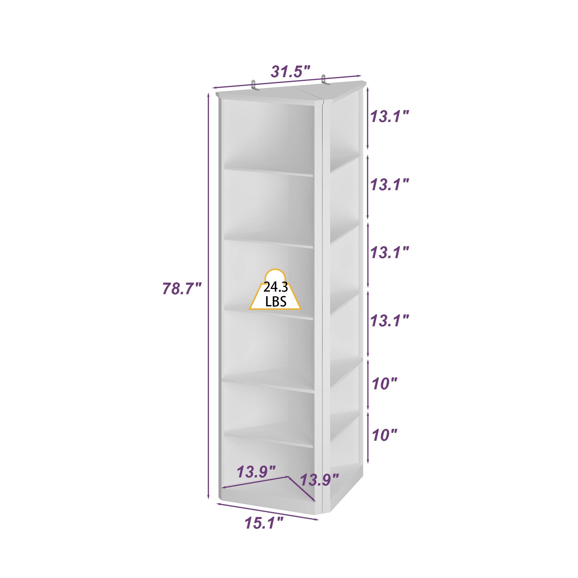 31.5", 13.1", 13.1", 13.1", 78.7", 24.3 LBS, 13.1", 10", 10", 13.9", 13.9", 15.1"