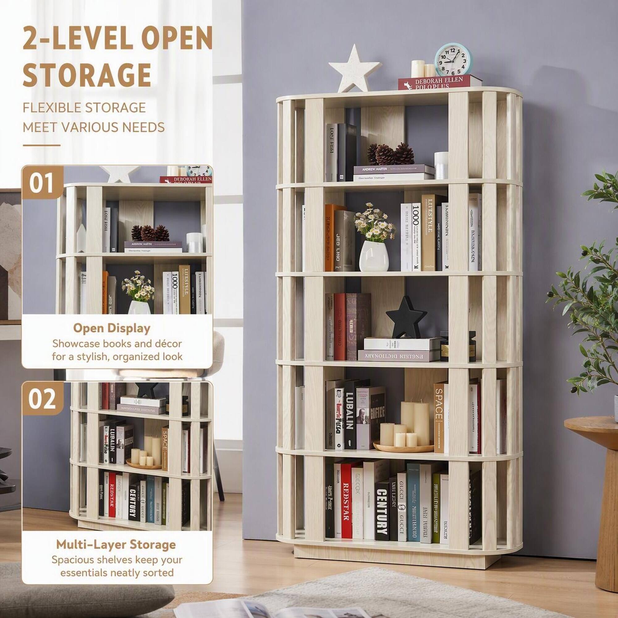 2-LEVEL OPEN STORAGE  
FLEXIBLE STORAGE MEET VARIOUS NEEDS

01  
Open Display  
Showcase books and decor for a stylish, organized look

02  
Multi-Layer Storage  
Spacious shelves keep your essentials neatly sorted