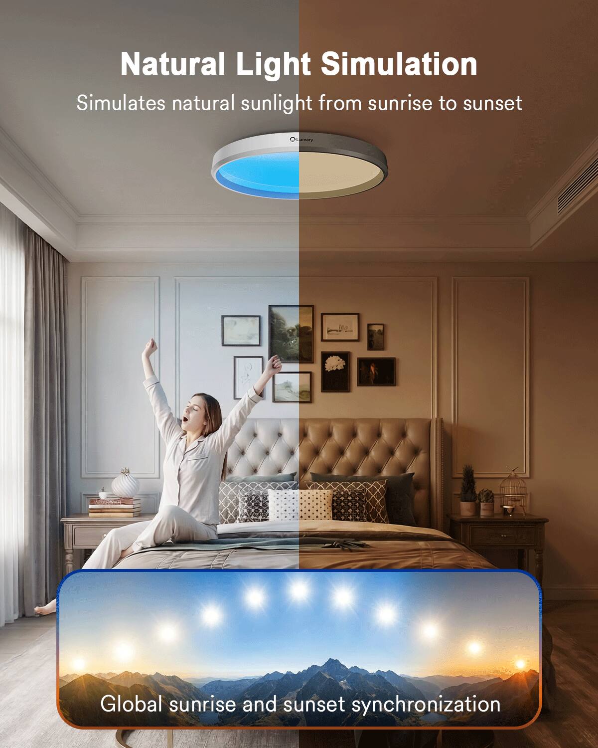 Natural Light Simulation  
Simulates natural sunlight from sunrise to sunset  

Global sunrise and sunset synchronization