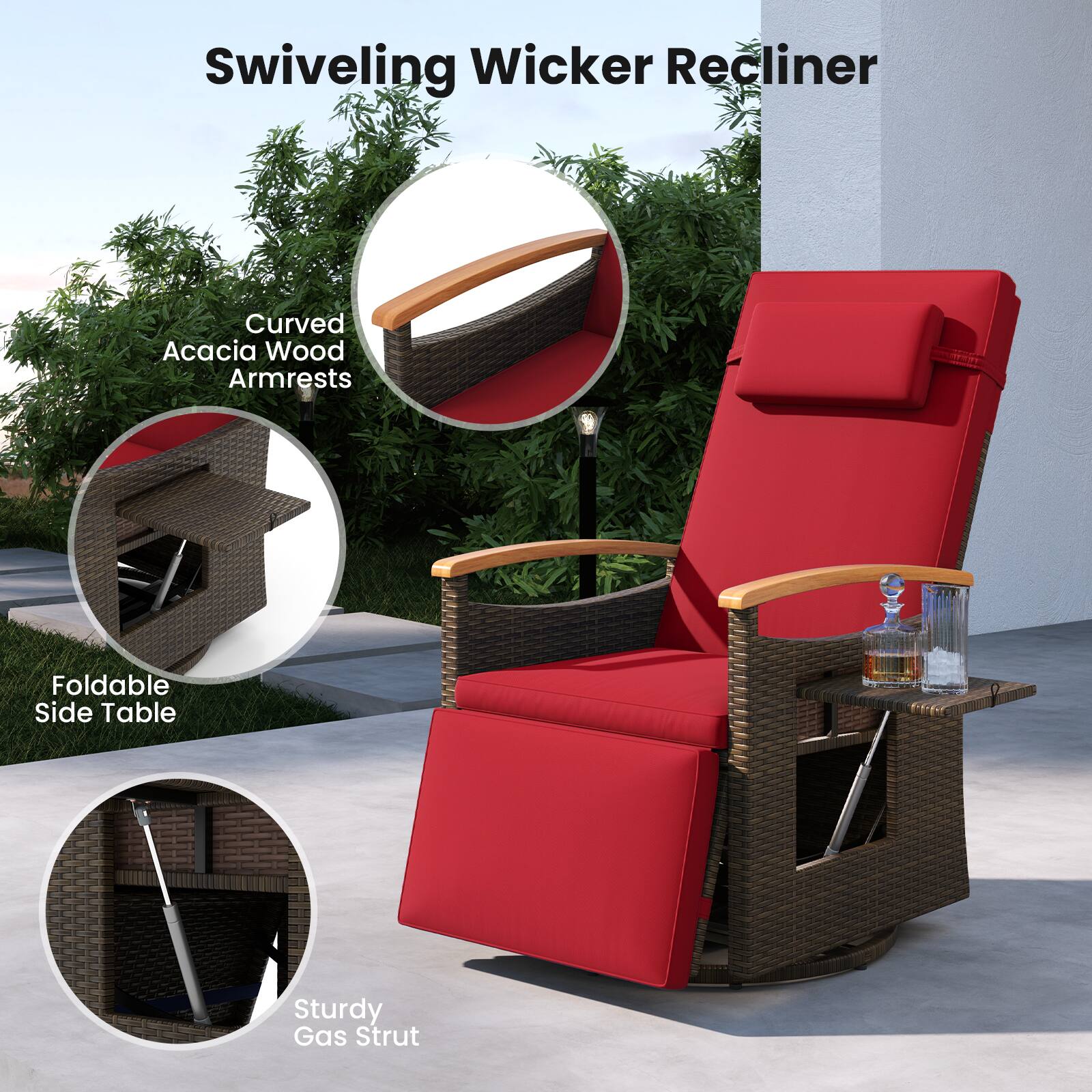 Swiveling Wicker Recliner

- Curved Acacia Wood Armrests
- Foldable Side Table
- Sturdy Gas Strut