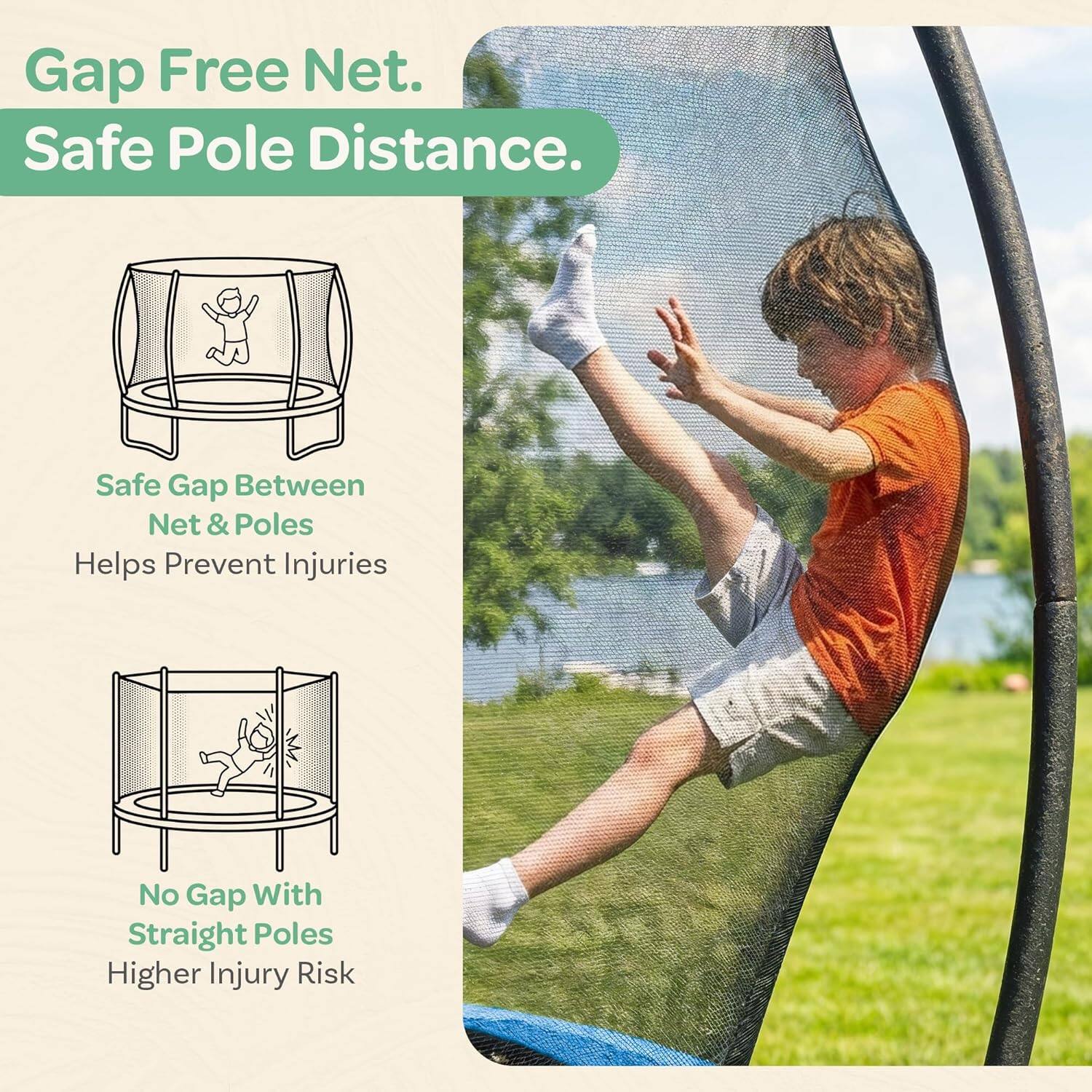 Gap Free Net.  
Safe Pole Distance.  
Safe Gap Between Net & Poles Helps Prevent Injuries  
No Gap With Straight Poles Higher Injury Risk