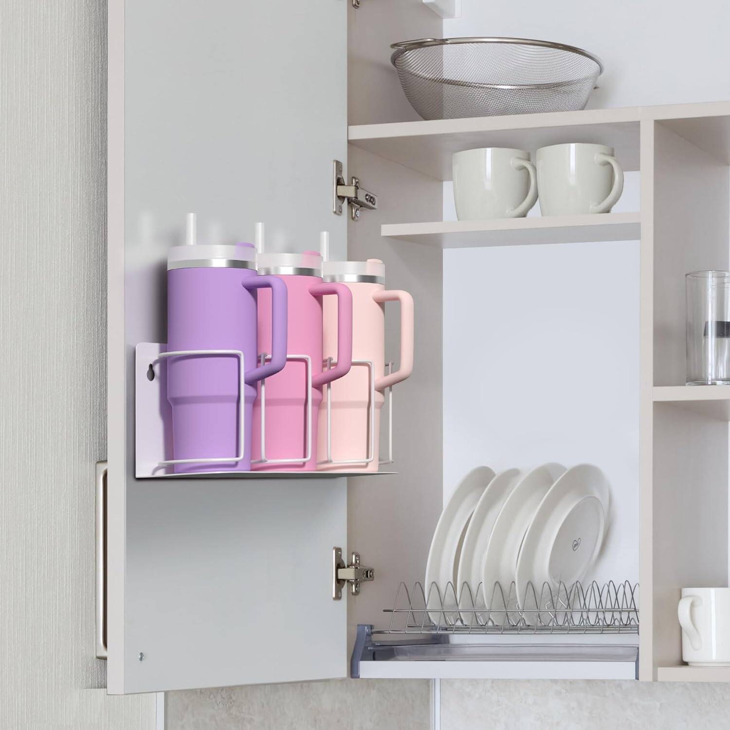 Angle. Sorbus - Sorbus  2-Pack Stanley Holder Tumbler Cup Organizer, 3-Cup, Holder for Cabinet, Fridge, or Wall, Magnetic or Screw Mount - White.