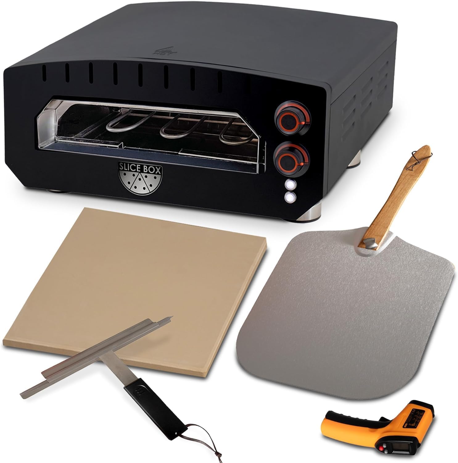 The image features a Slice Box, which is a small toaster oven. The toaster oven is black and silver in color, and it is placed on a countertop. The oven is accompanied by a cutting board and a knife, suggesting that it is being used for preparing food. The oven is also equipped with a timer, which can be used to control the cooking time.