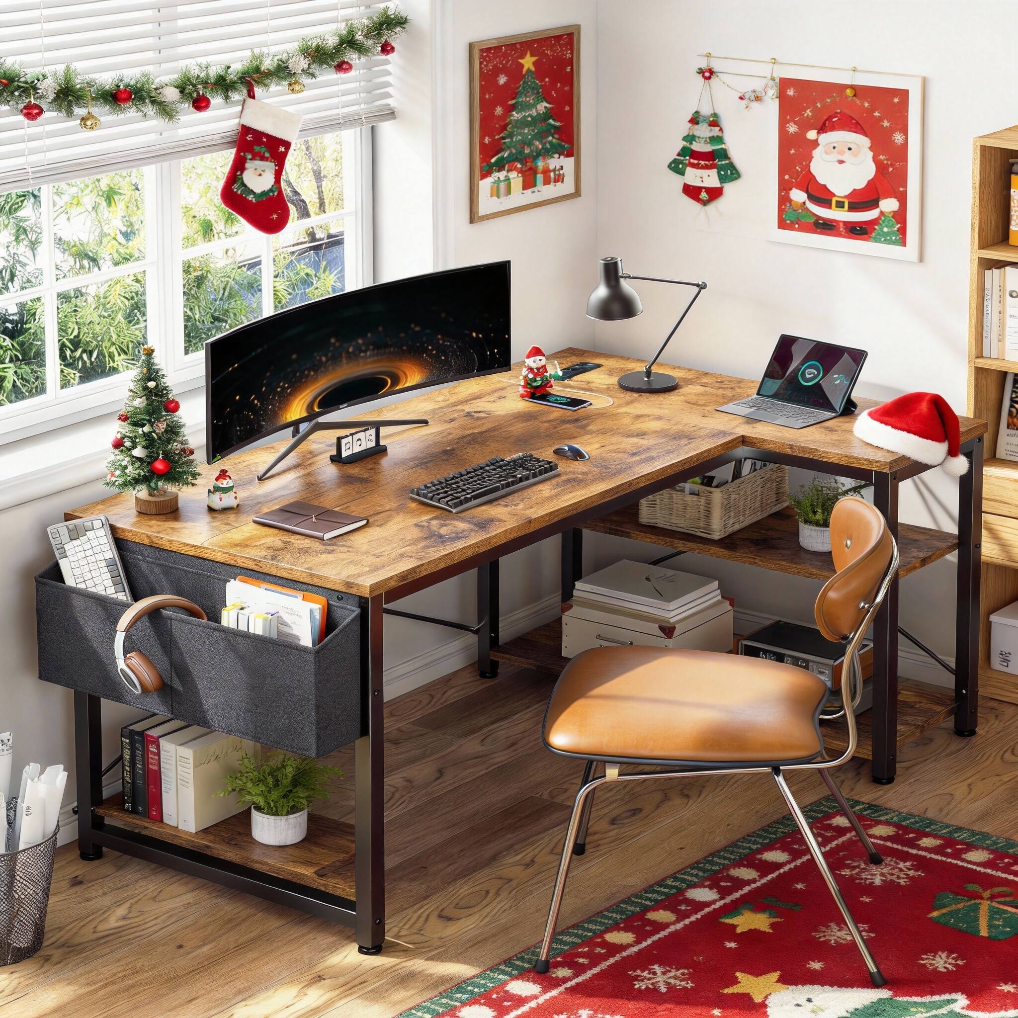 Alt View 3. Frangdom - L Shaped Desk with Power Outlets Reversible Storage Shelves Side Bag - Black 48" 2 tiers 180LBS 20min.